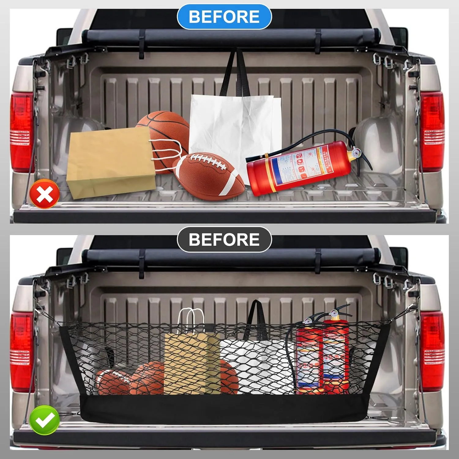 Envelope Style Truck Bed Cargo Net for Chevrolet Chevy Suburban, Cadillac Escalade, GMC Yukon XL Denali SLE SLT AT4 2015-2024 Cargo Net for Pickup Truck Bed - Free Storage Bag - Heavy Duty Carabiners
