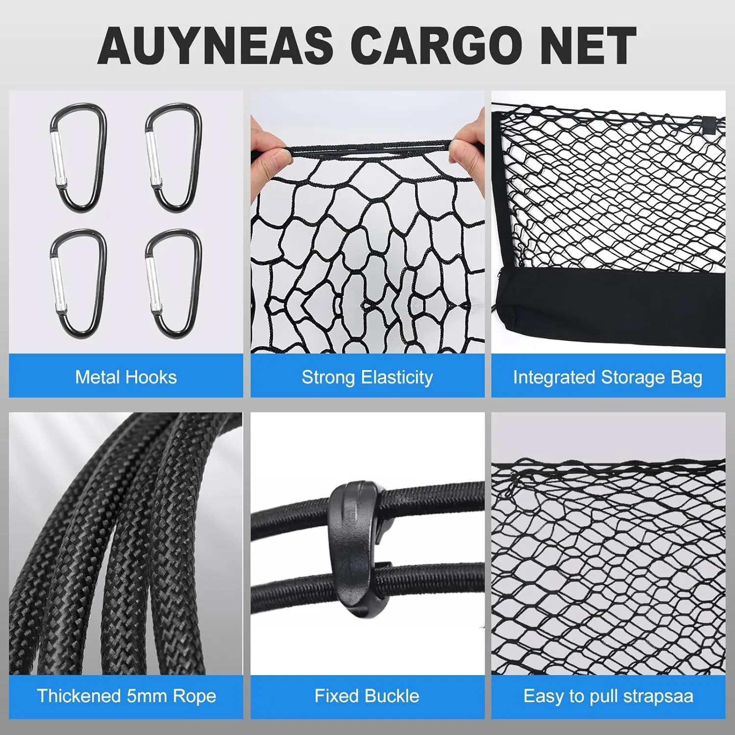 Envelope Style Truck Bed Cargo Net for Chevrolet Chevy Suburban, Cadillac Escalade, GMC Yukon XL Denali SLE SLT AT4 2015-2024 Cargo Net for Pickup Truck Bed - Free Storage Bag - Heavy Duty Carabiners
