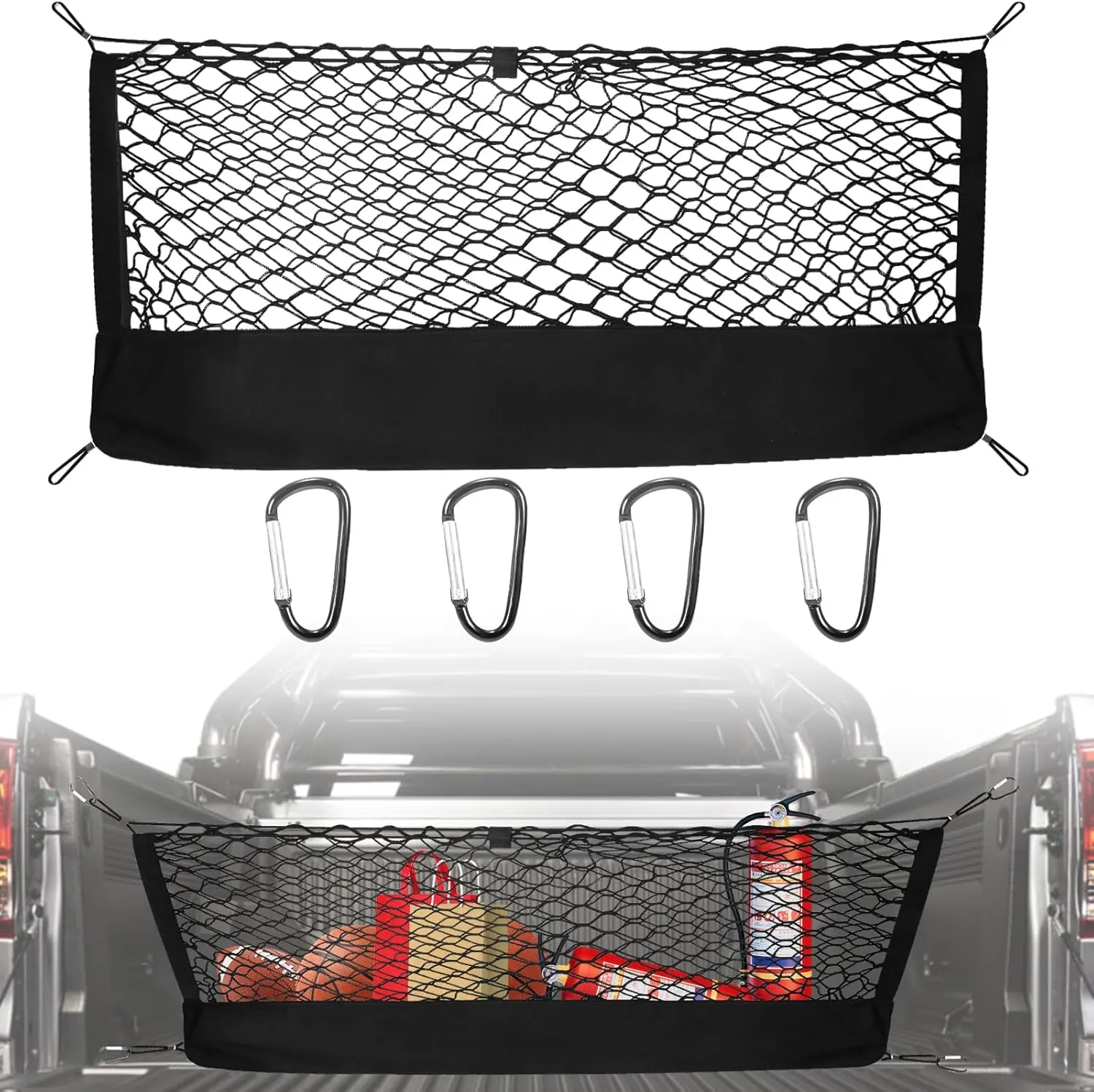 Envelope Style Truck Bed Cargo Net for Chevrolet Chevy Suburban, Cadillac Escalade, GMC Yukon XL Denali SLE SLT AT4 2015-2024 Cargo Net for Pickup Truck Bed - Free Storage Bag - Heavy Duty Carabiners