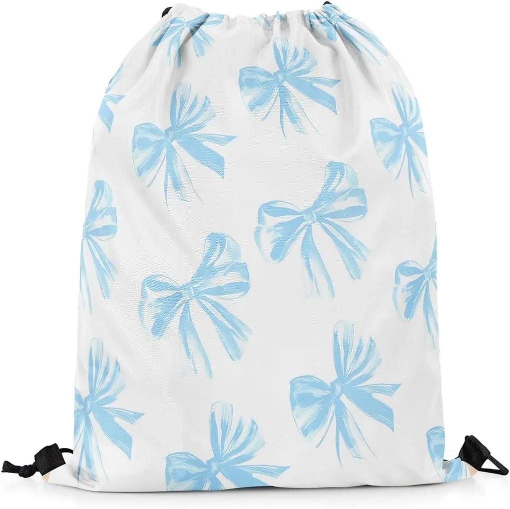 Erosebridal Blue Bowknot Drawstring Backpack 13x15.7, Kawaii Bow Tie Reversible String Bag, Bowknot Blue White Waterproof Sackpack For Sport Gym Swim Yoga Camping, Dreamy Princess Theme Cinch Bags