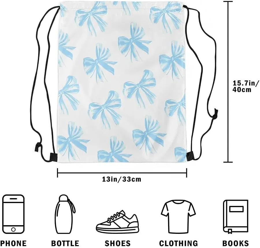 Erosebridal Blue Bowknot Drawstring Backpack 13x15.7, Kawaii Bow Tie Reversible String Bag, Bowknot Blue White Waterproof Sackpack For Sport Gym Swim Yoga Camping, Dreamy Princess Theme Cinch Bags