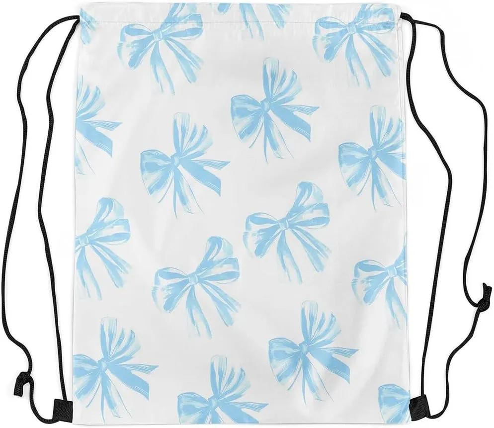 Erosebridal Blue Bowknot Drawstring Backpack 13x15.7, Kawaii Bow Tie Reversible String Bag, Bowknot Blue White Waterproof Sackpack For Sport Gym Swim Yoga Camping, Dreamy Princess Theme Cinch Bags