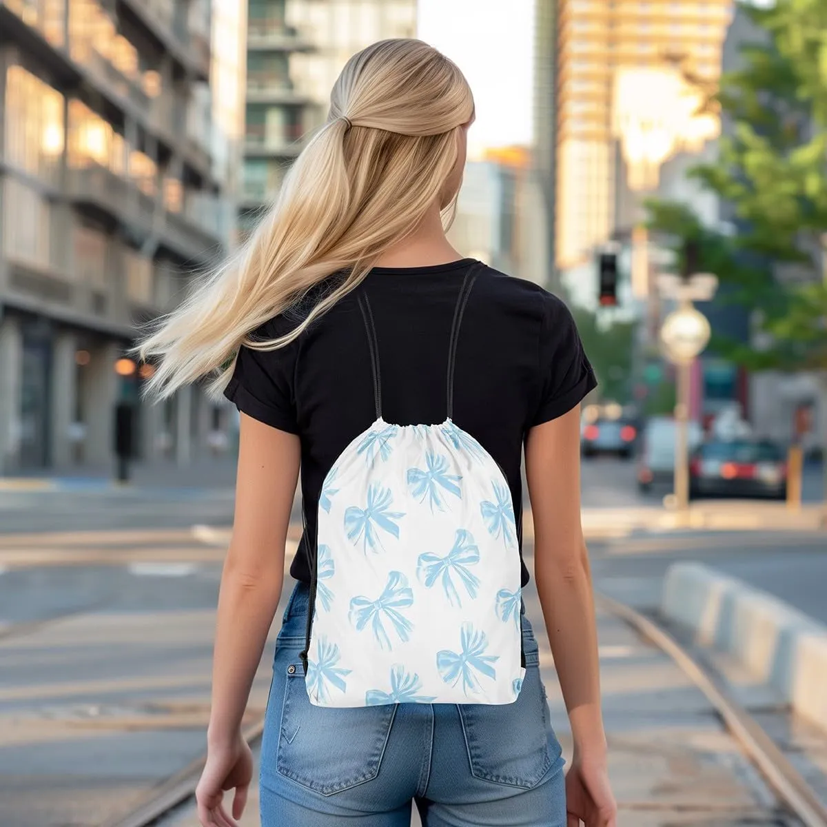 Erosebridal Blue Bowknot Drawstring Backpack 13x15.7, Kawaii Bow Tie Reversible String Bag, Bowknot Blue White Waterproof Sackpack For Sport Gym Swim Yoga Camping, Dreamy Princess Theme Cinch Bags