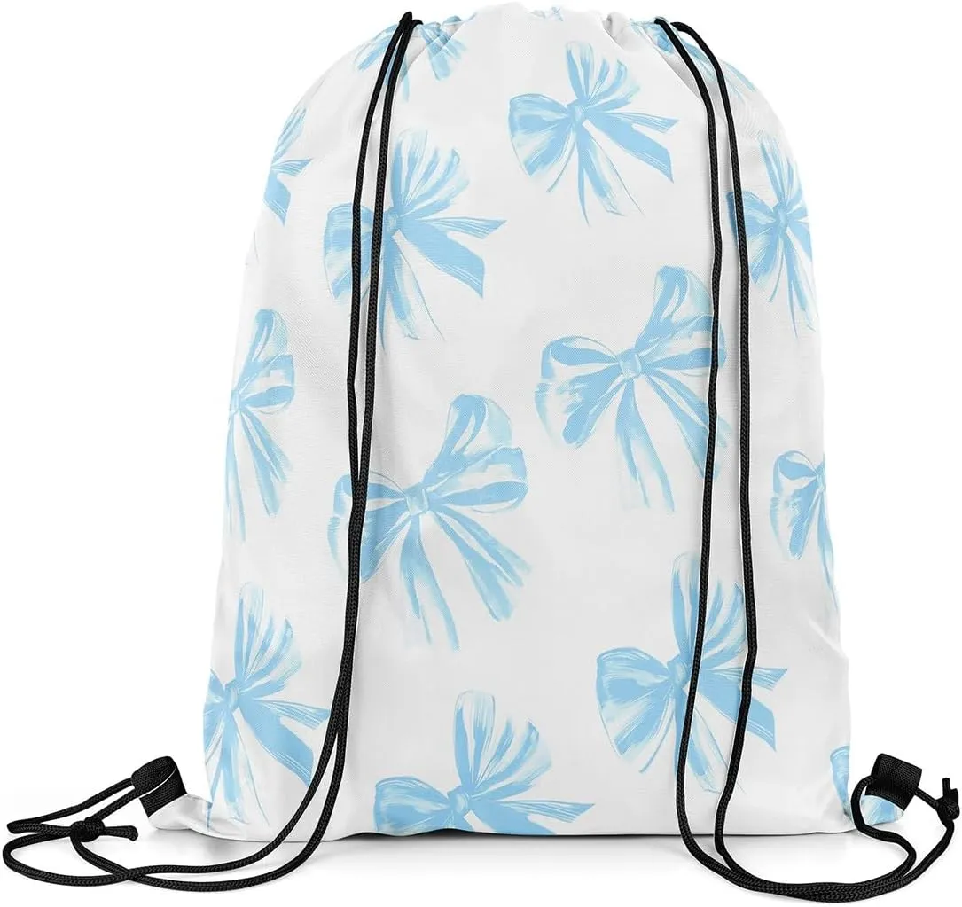Erosebridal Blue Bowknot Drawstring Backpack 13x15.7, Kawaii Bow Tie Reversible String Bag, Bowknot Blue White Waterproof Sackpack For Sport Gym Swim Yoga Camping, Dreamy Princess Theme Cinch Bags