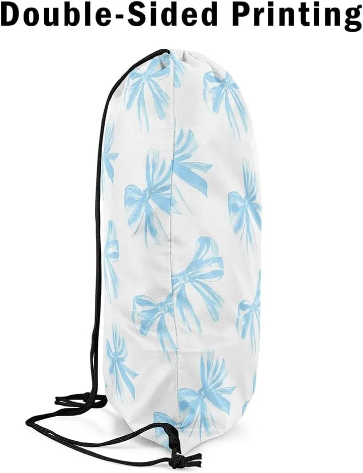 Erosebridal Blue Bowknot Drawstring Backpack 13x15.7, Kawaii Bow Tie Reversible String Bag, Bowknot Blue White Waterproof Sackpack For Sport Gym Swim Yoga Camping, Dreamy Princess Theme Cinch Bags
