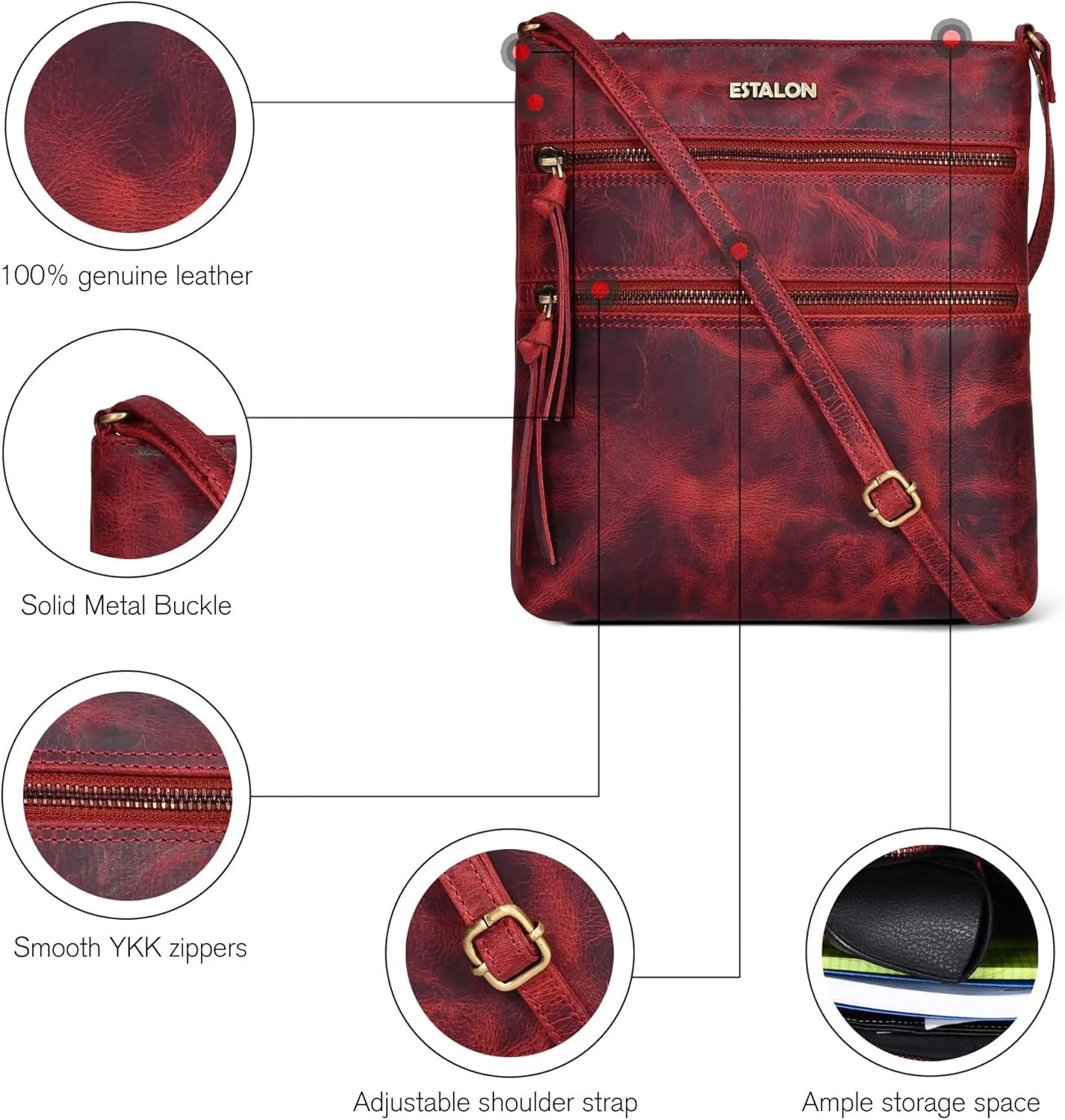 ESTALON Women's Genuine Leather Crossbody Bag With Adjustable Sling Strap - Medium Size Crossover Shoulder Purse