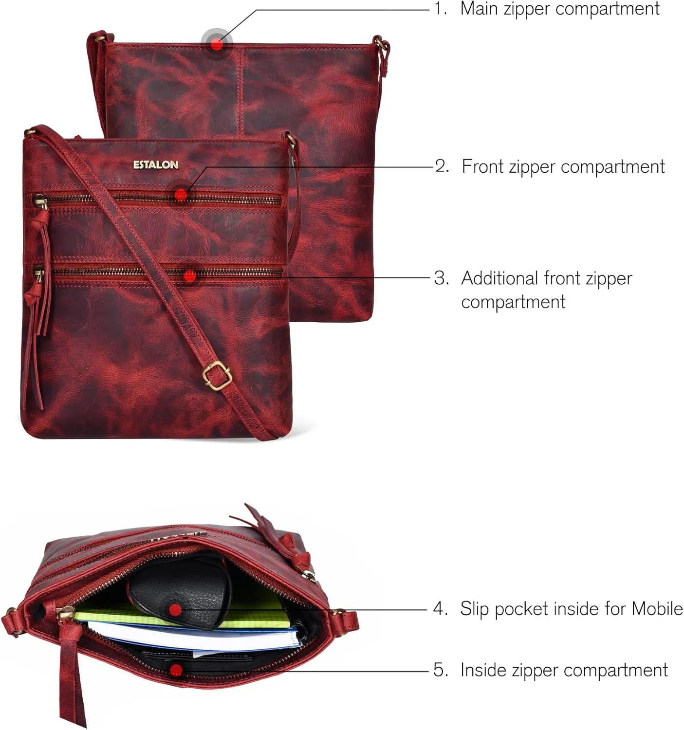 ESTALON Women's Genuine Leather Crossbody Bag With Adjustable Sling Strap - Medium Size Crossover Shoulder Purse