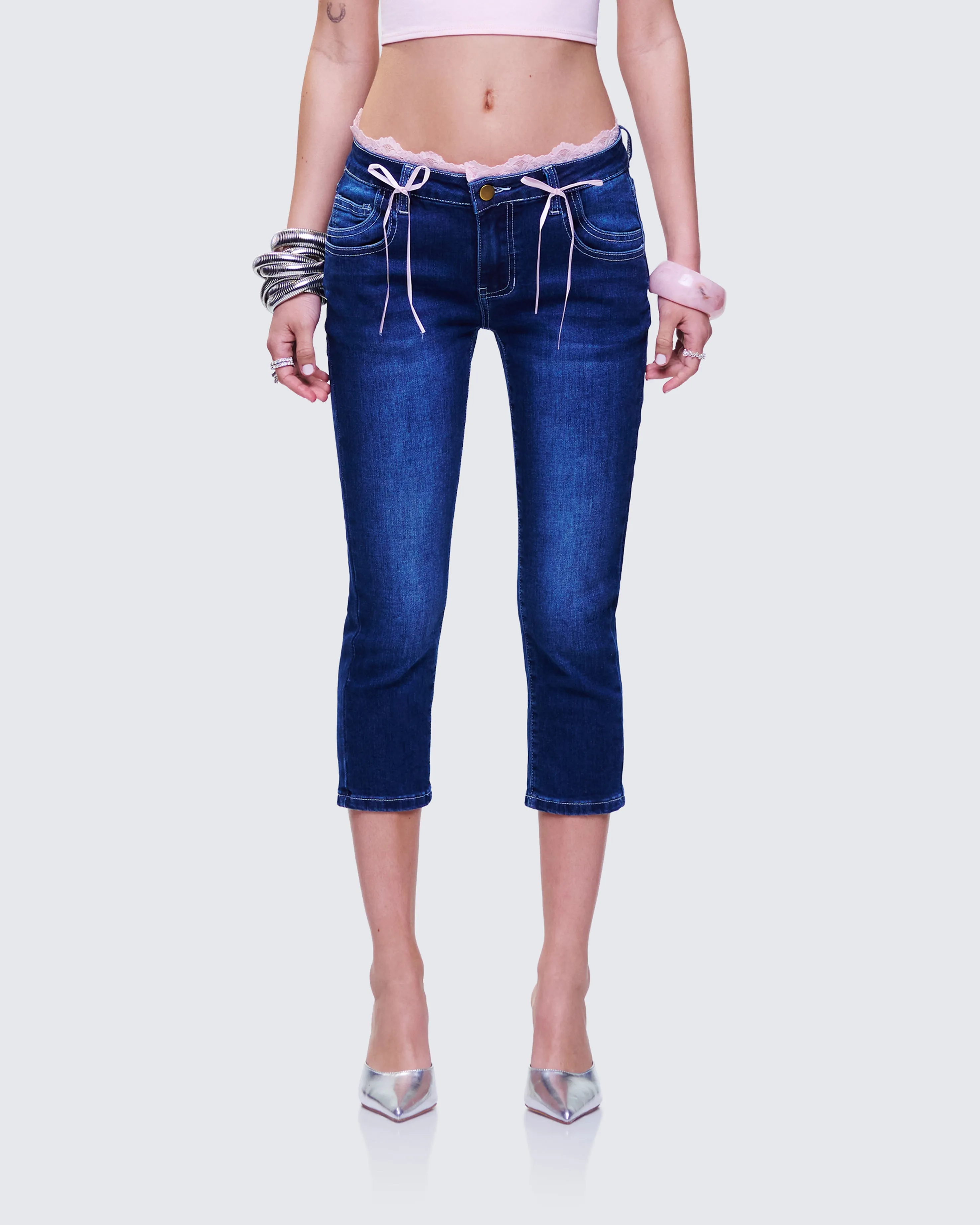 Estefania Blue Denim Lace and Bow Capri Pant