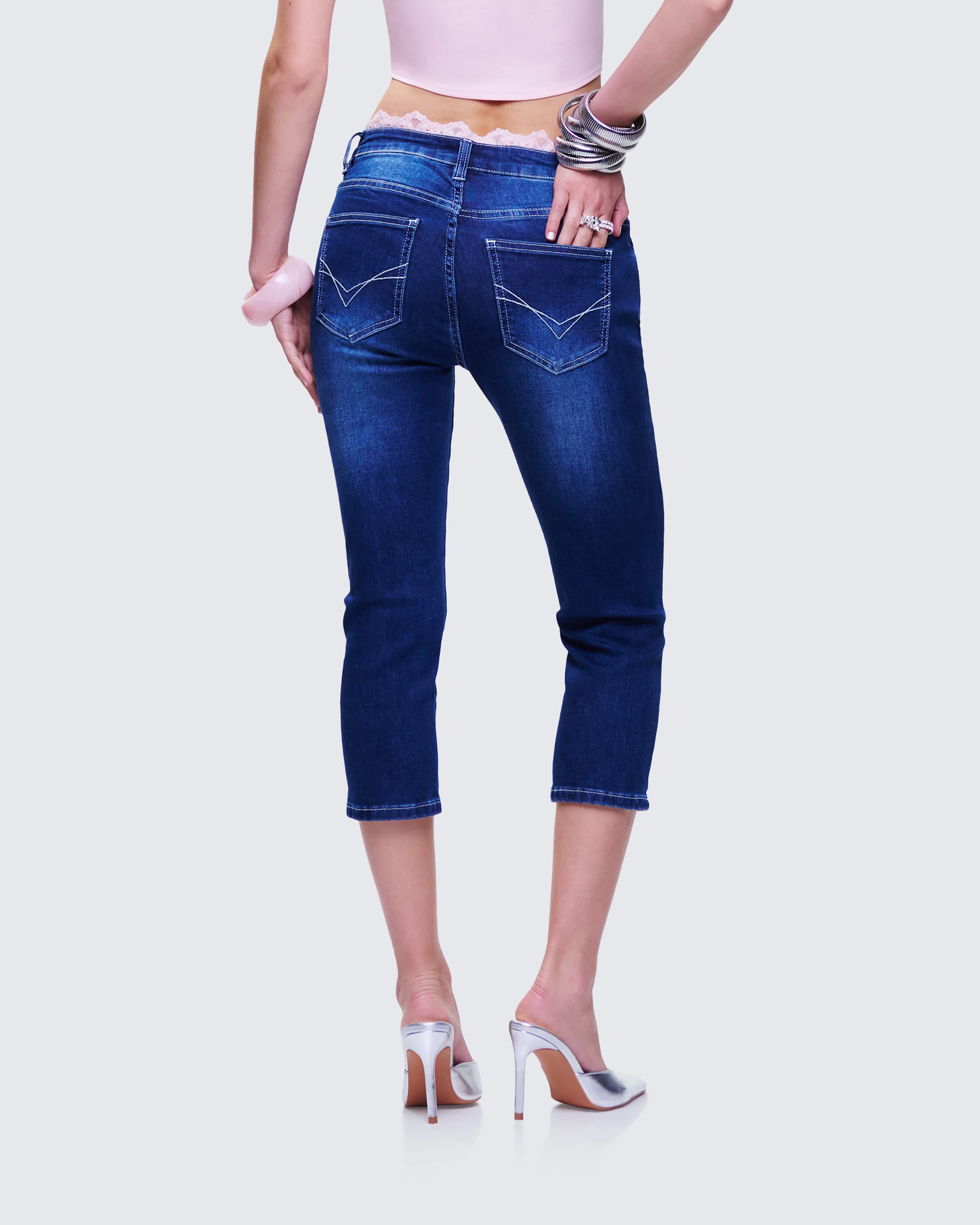Estefania Blue Denim Lace and Bow Capri Pant