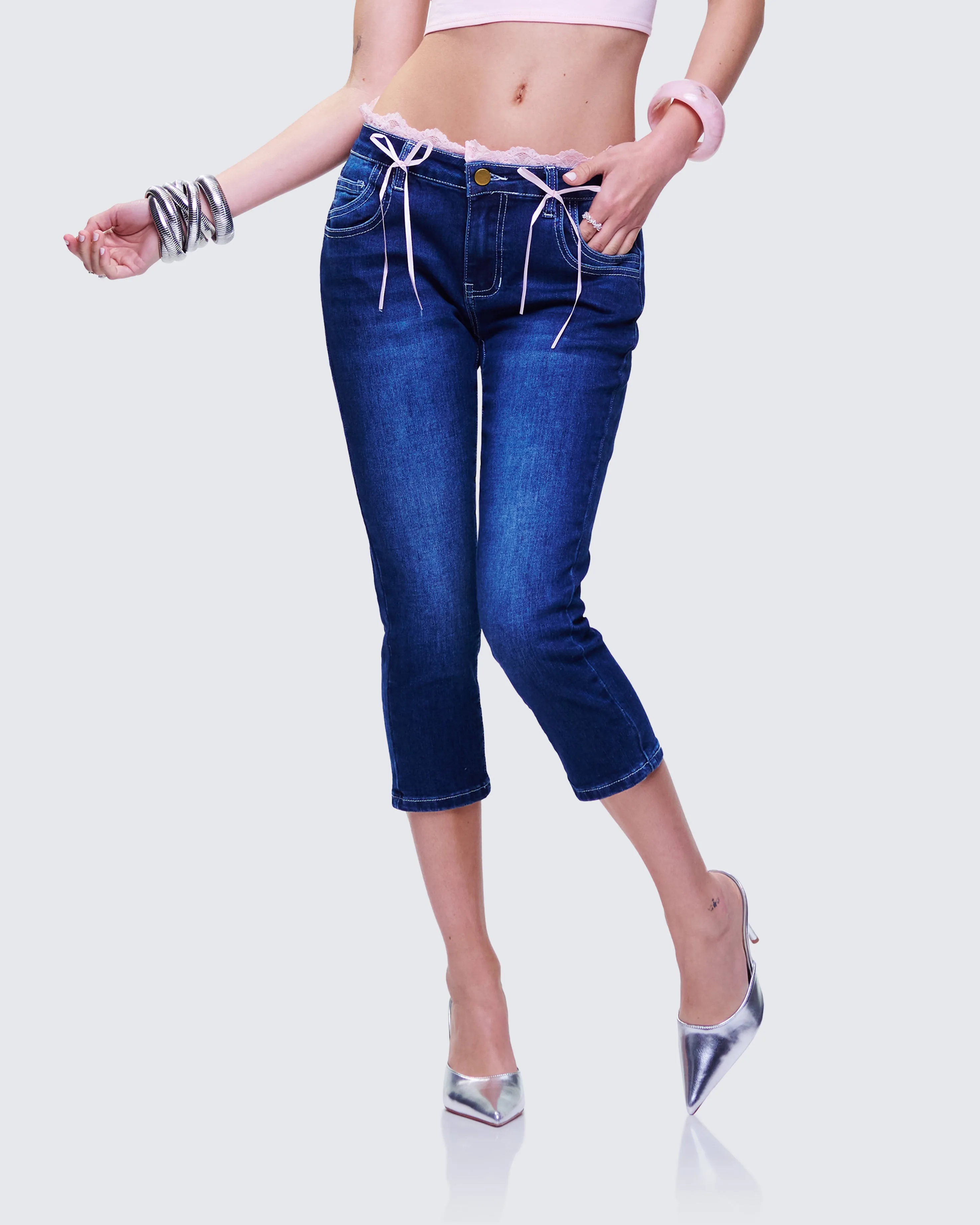 Estefania Blue Denim Lace and Bow Capri Pant