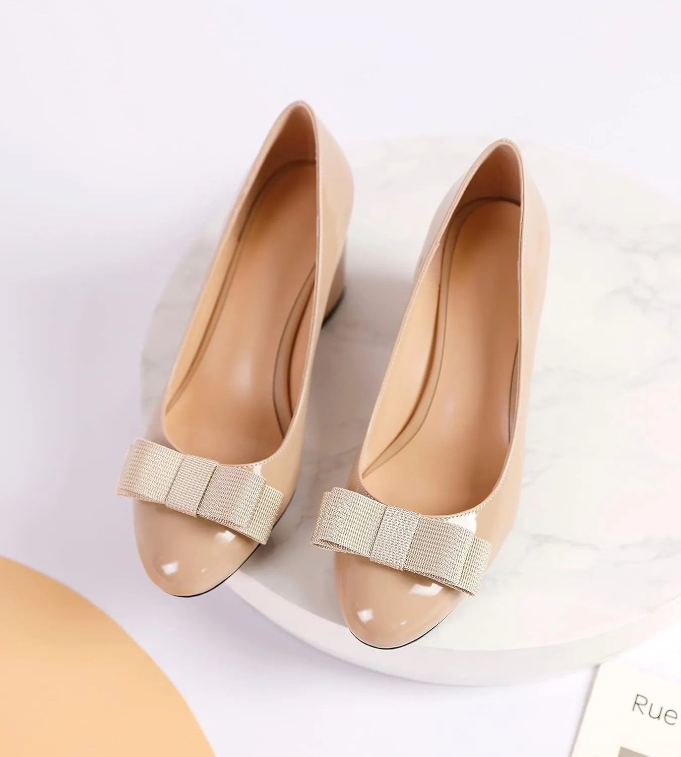 Esvowido Women's Block Heels Mid Heel Pumps Closed Round Toe Slip on Bow Heel Shoes Casual Office Party Dress Shoes