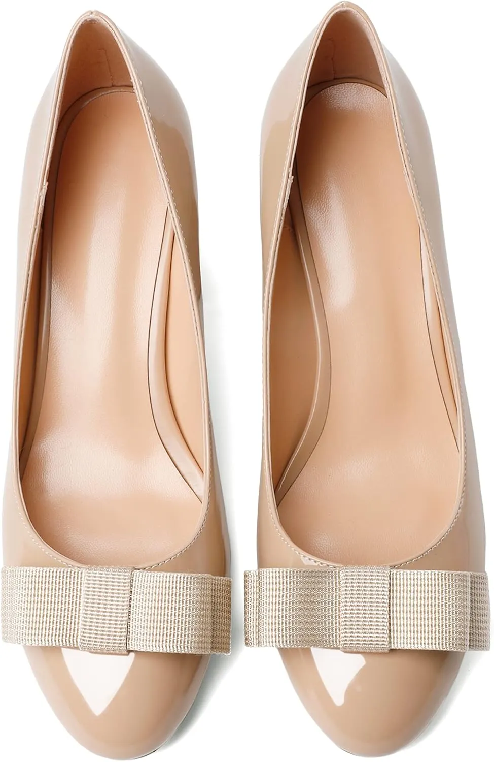 Esvowido Women's Block Heels Mid Heel Pumps Closed Round Toe Slip on Bow Heel Shoes Casual Office Party Dress Shoes