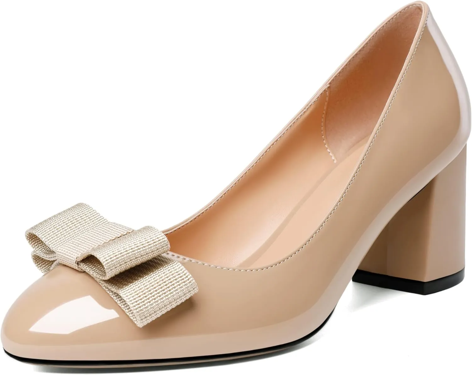 Esvowido Women's Block Heels Mid Heel Pumps Closed Round Toe Slip on Bow Heel Shoes Casual Office Party Dress Shoes