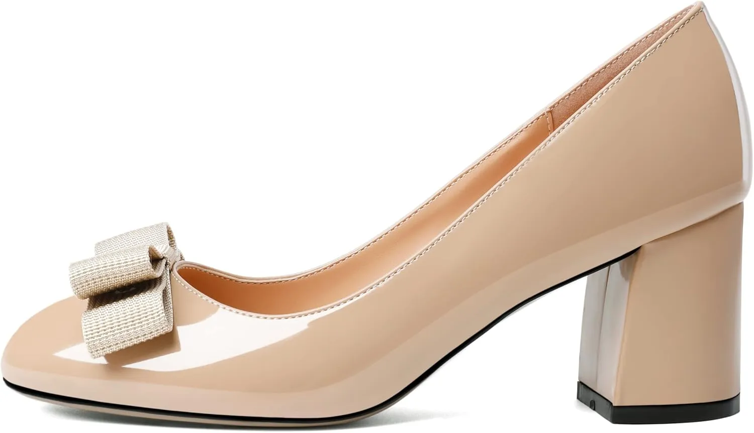 Esvowido Women's Block Heels Mid Heel Pumps Closed Round Toe Slip on Bow Heel Shoes Casual Office Party Dress Shoes