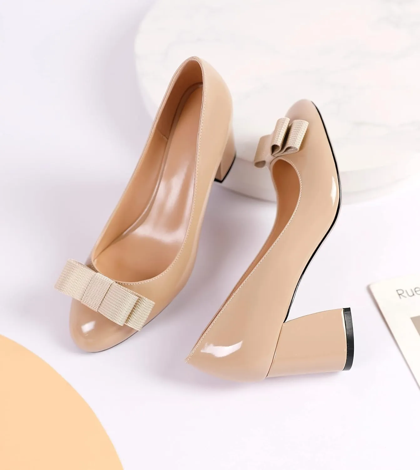 Esvowido Women's Block Heels Mid Heel Pumps Closed Round Toe Slip on Bow Heel Shoes Casual Office Party Dress Shoes