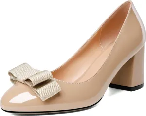 Esvowido Women's Block Heels Mid Heel Pumps Closed Round Toe Slip on Bow Heel Shoes Casual Office Party Dress Shoes