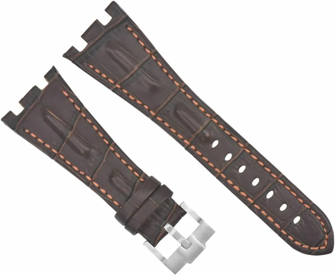 Ewatchparts 28mm Leather Watch Band Strap Compatible With Ap 42mm Audemars Piguet Roo Brown With Orange Stitching