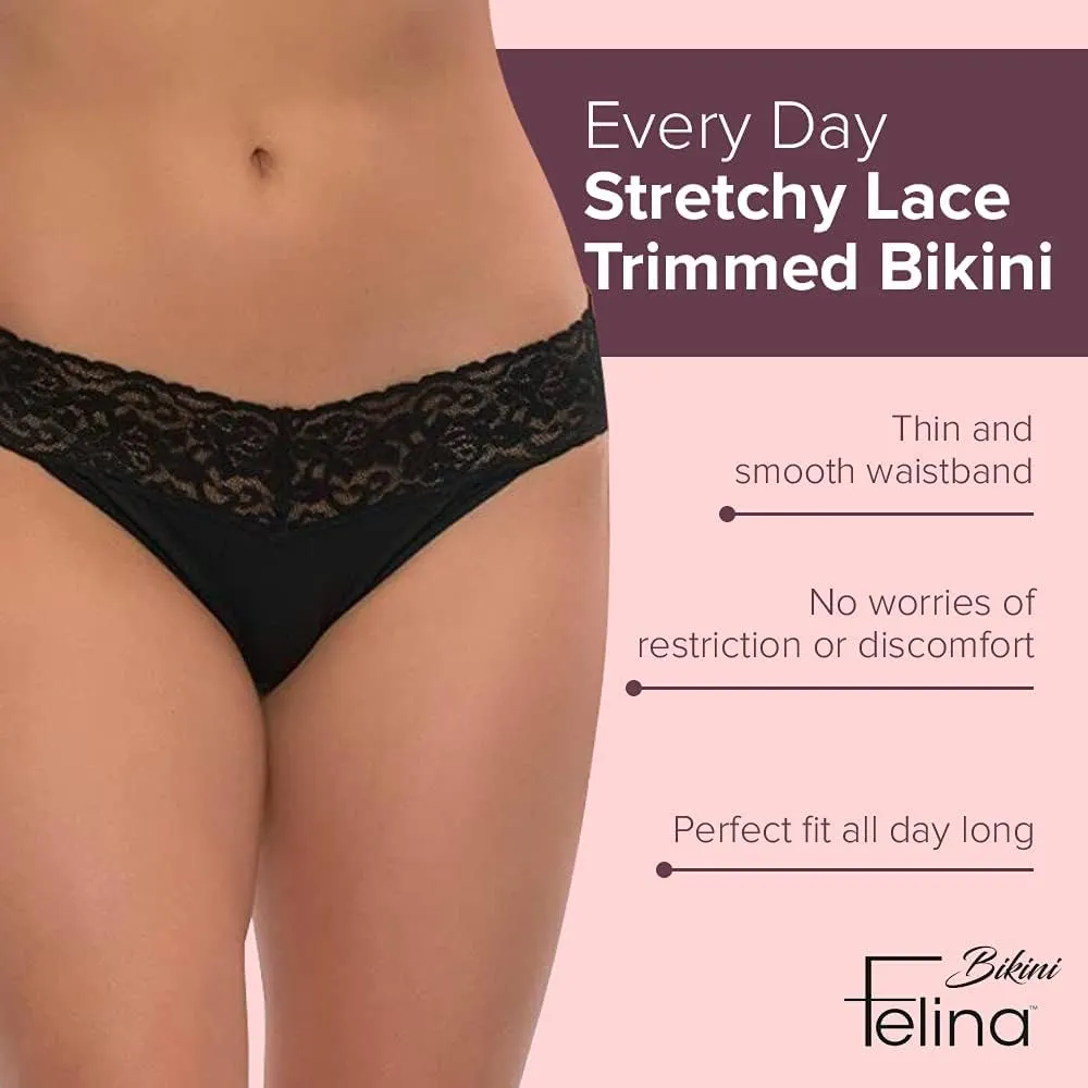 Felina Stretchy Lace Trimmed Bikini Underwear - Sexy Underwear for Women, Bikini Panties, Seamless Panties (5-Pack)