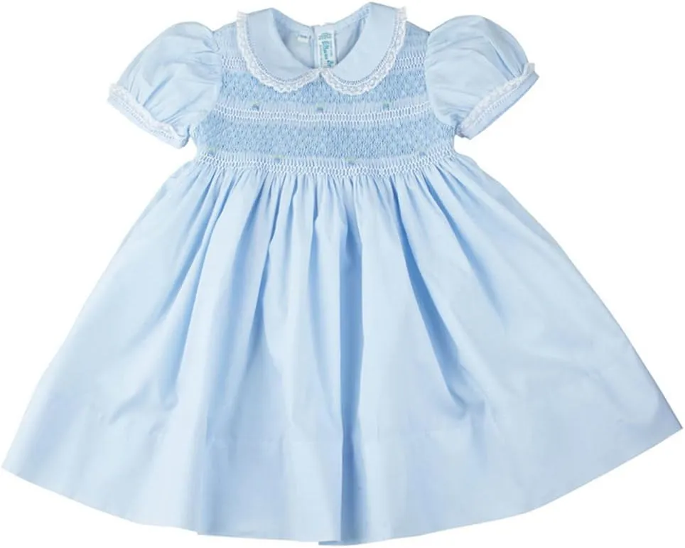 Feltman Brothers Dress Girls Blue Smocked Yoke Dress with Lace Trim Infant