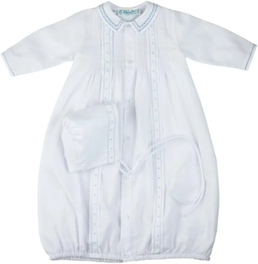 Feltman Brothers White & Blue Tucked Take Me Home Gown & Bonnet Newborn Boys