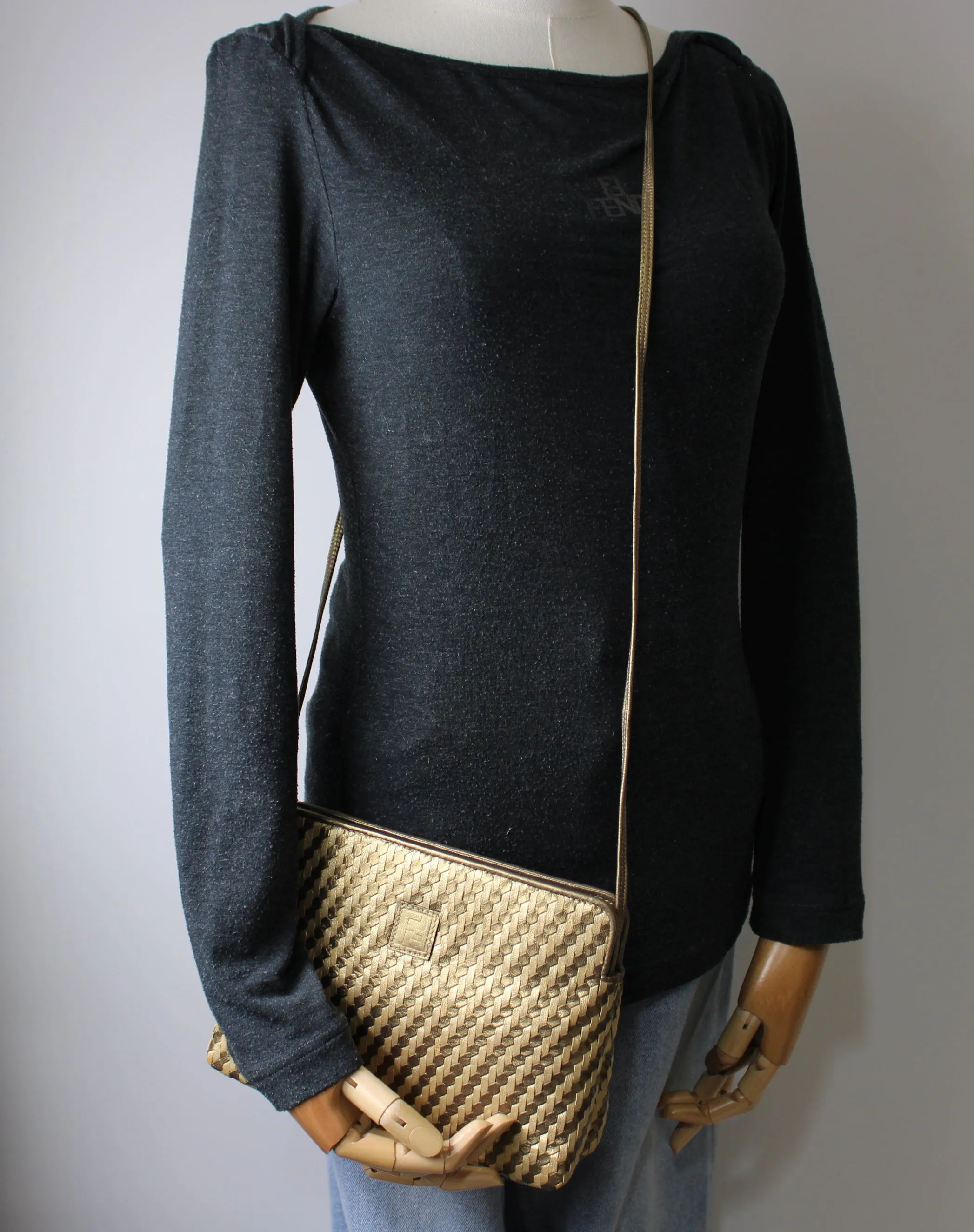 Fendi Brown Gold Woven Small Leather Crossbody Bag