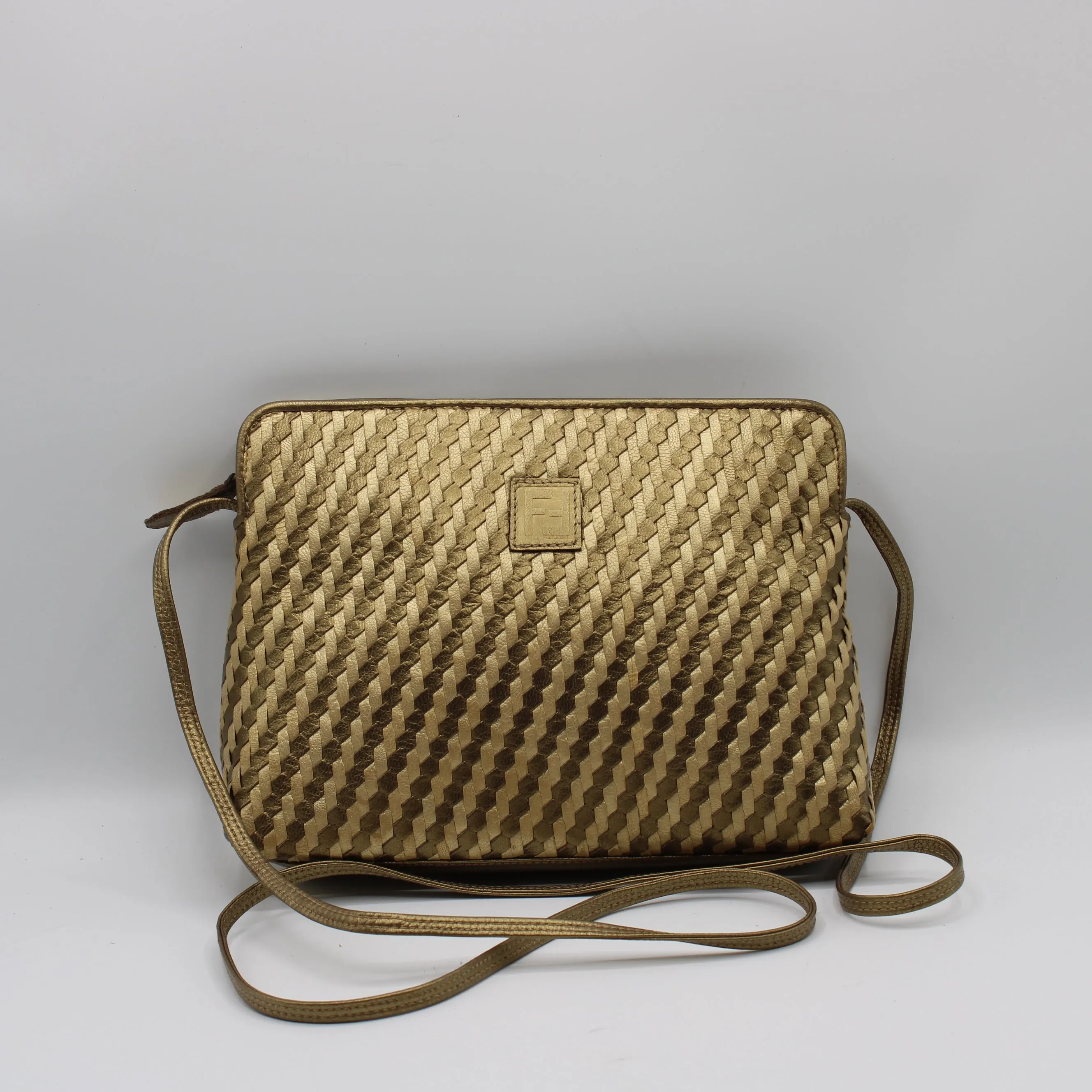 Fendi Brown Gold Woven Small Leather Crossbody Bag