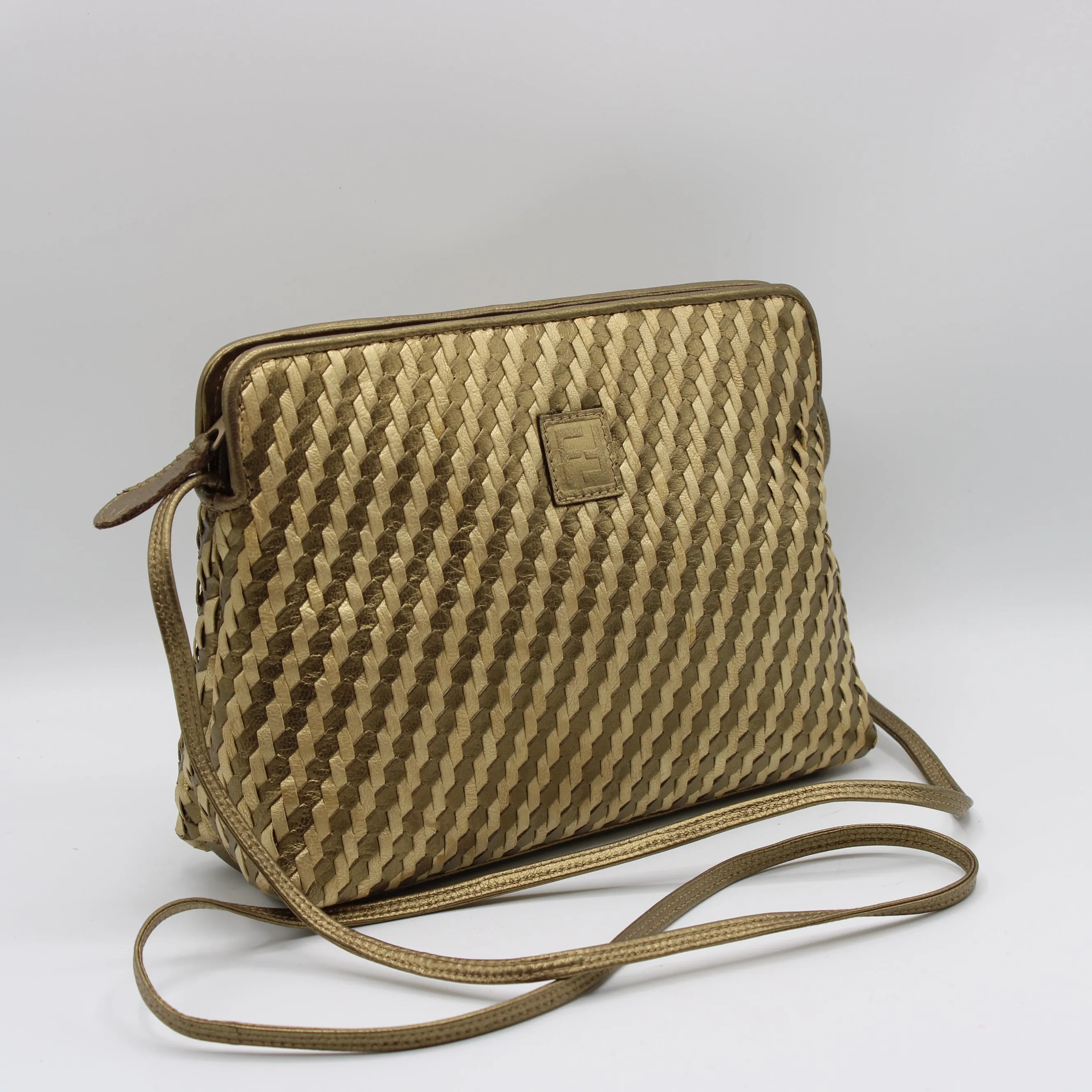 Fendi Brown Gold Woven Small Leather Crossbody Bag