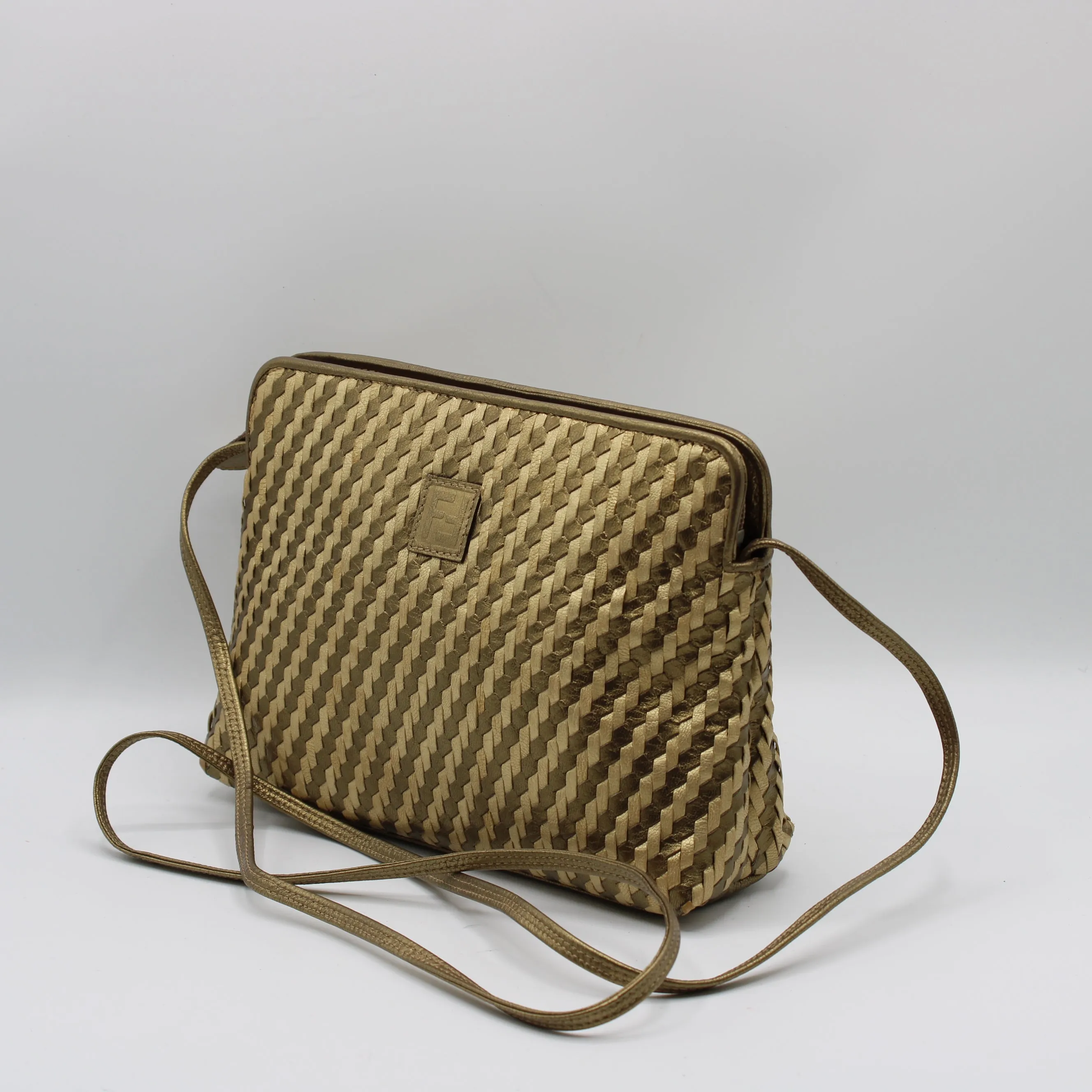 Fendi Brown Gold Woven Small Leather Crossbody Bag