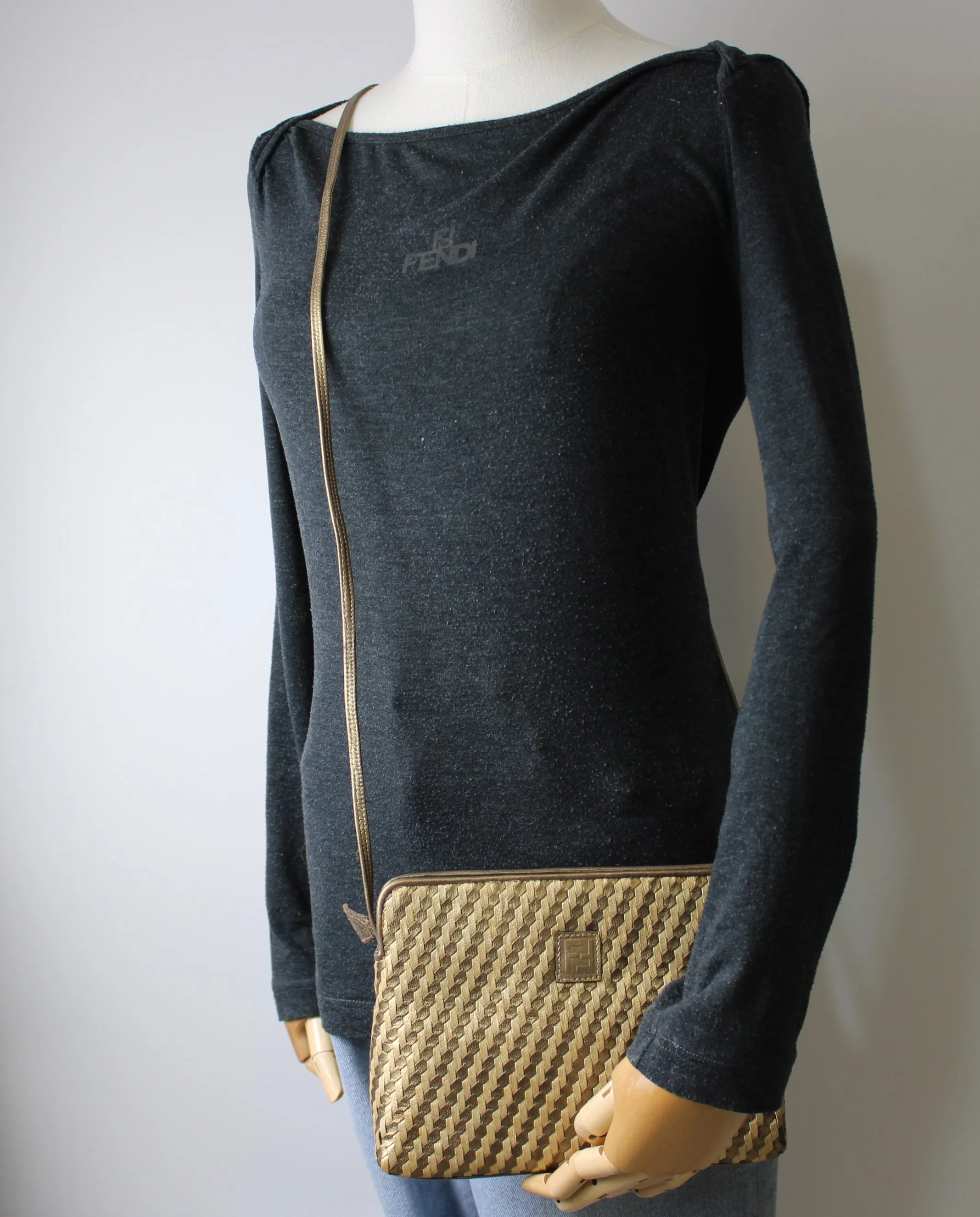 Fendi Brown Gold Woven Small Leather Crossbody Bag