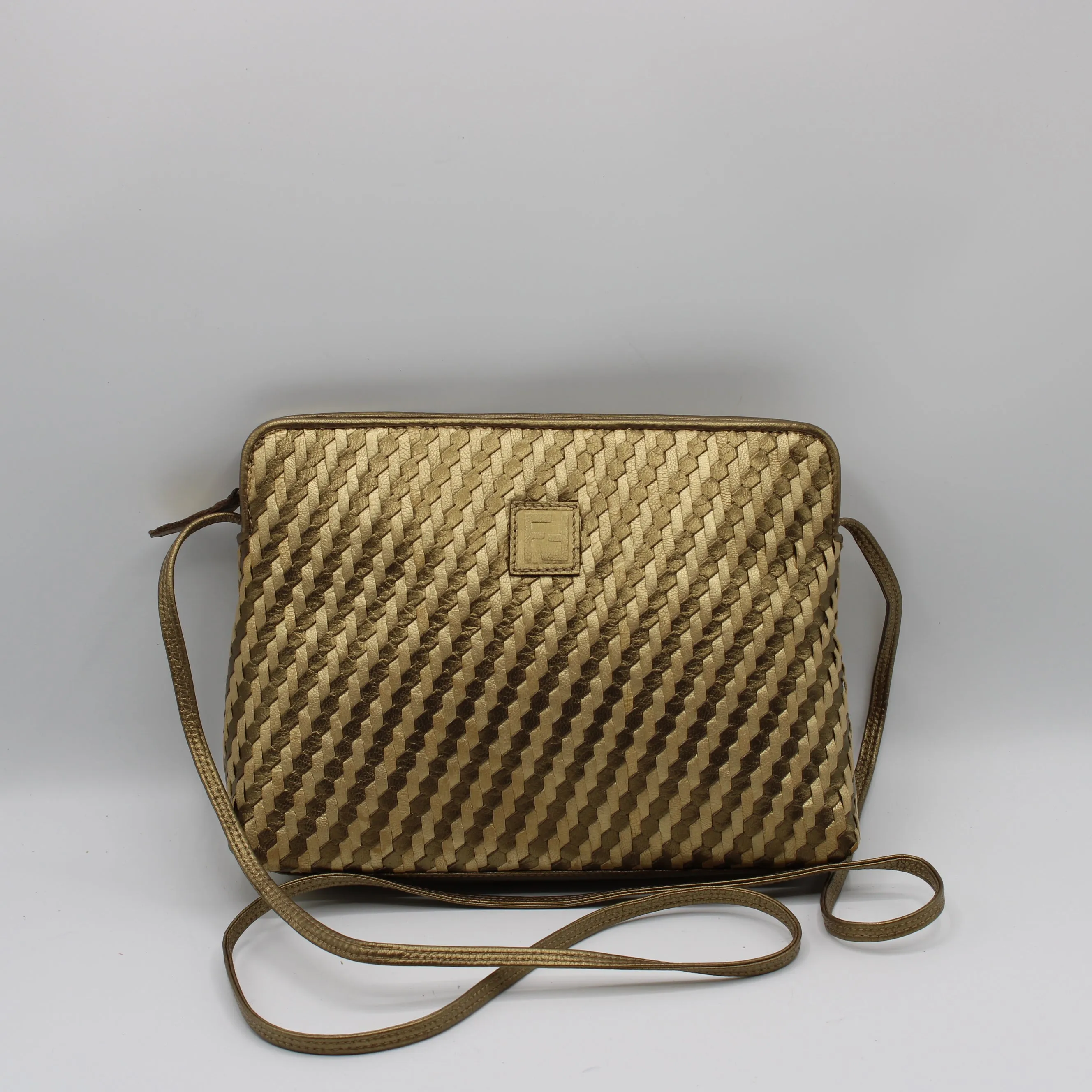 Fendi Brown Gold Woven Small Leather Crossbody Bag