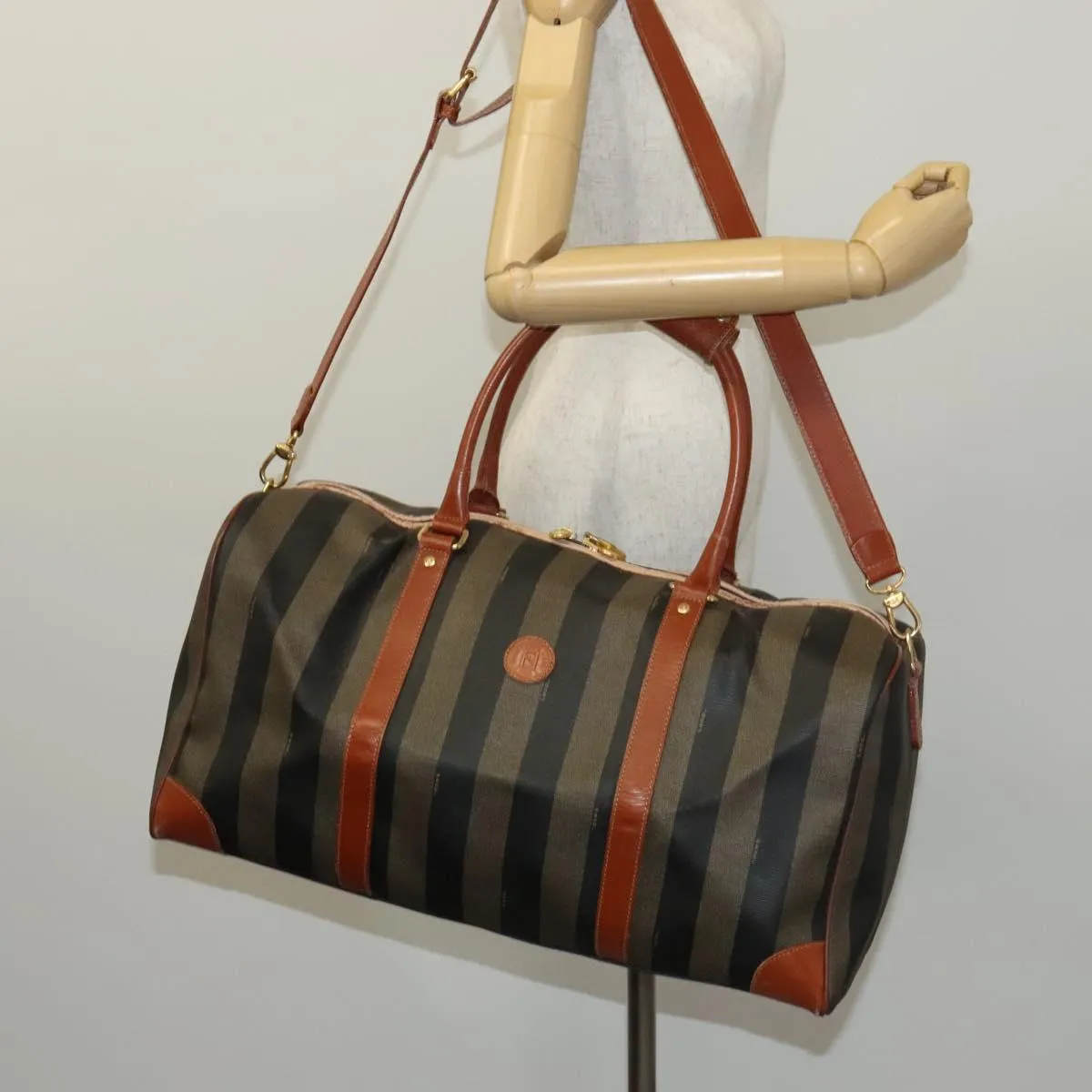 FENDI Pecan Canvas Boston Bag 2way Black Brown Auth ep7497