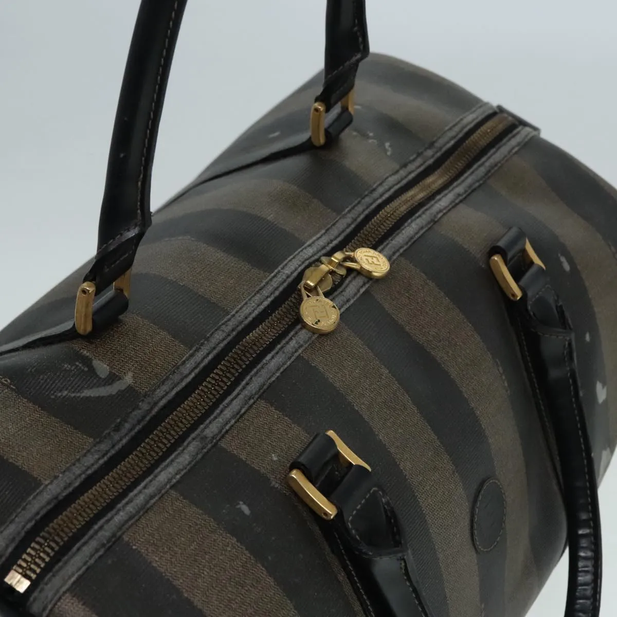 FENDI Pecan Canvas Boston Bag Brown Black gold 90887