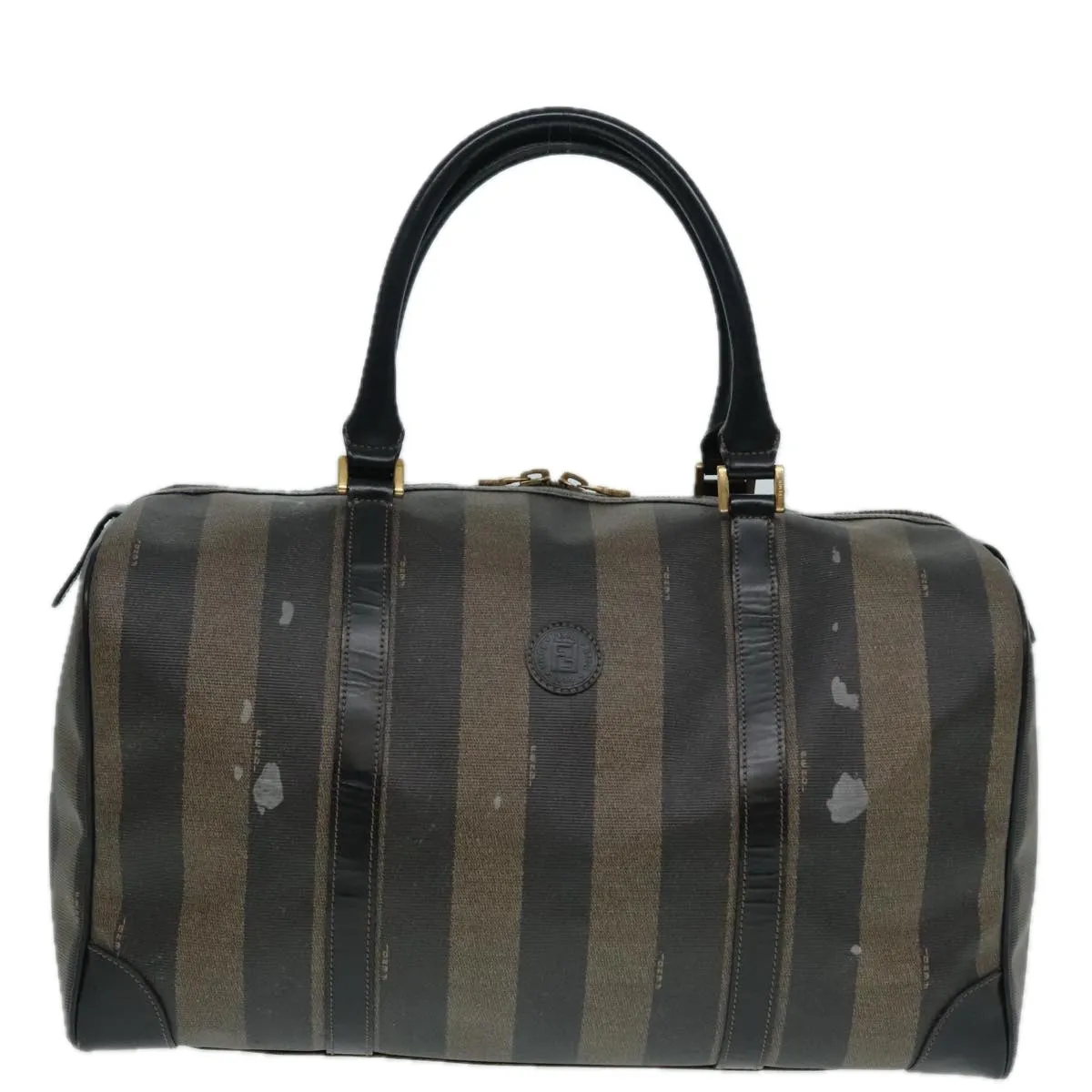 FENDI Pecan Canvas Boston Bag Brown Black gold 90887