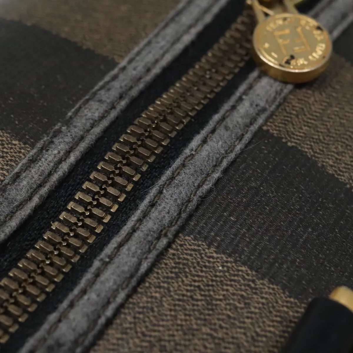 FENDI Pecan Canvas Boston Bag Brown Black gold 90887