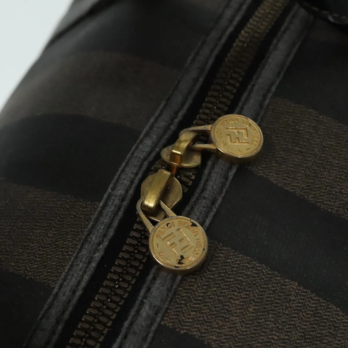 FENDI Pecan Canvas Boston Bag Brown Black gold 90887