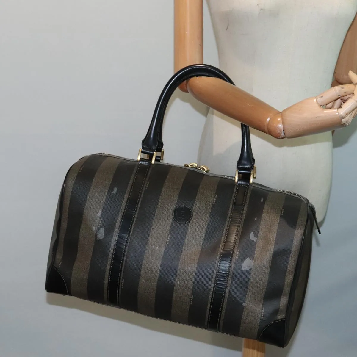 FENDI Pecan Canvas Boston Bag Brown Black gold 90887