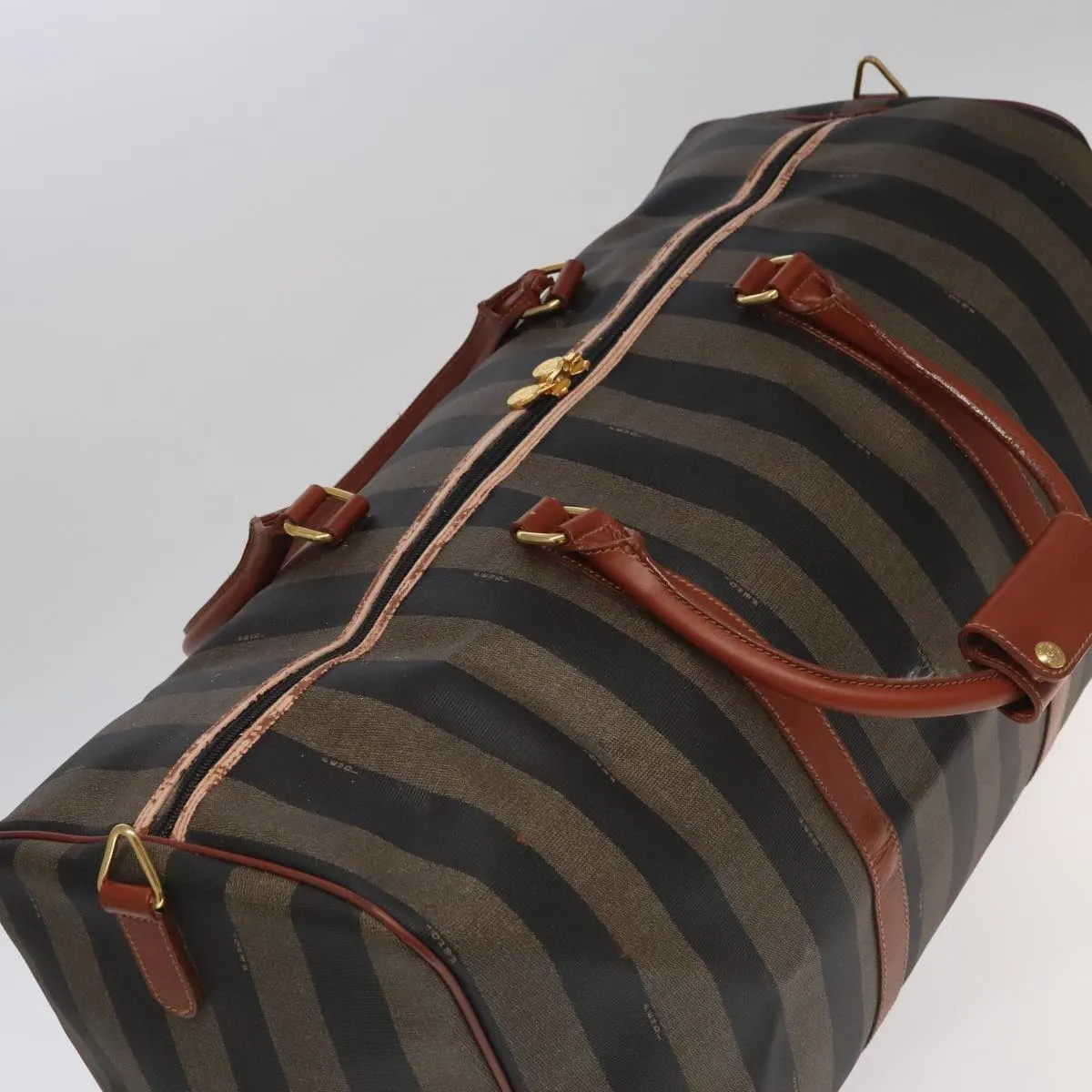 FENDI Pecan Canvas Boston Bag Brown Black Gold fm4002