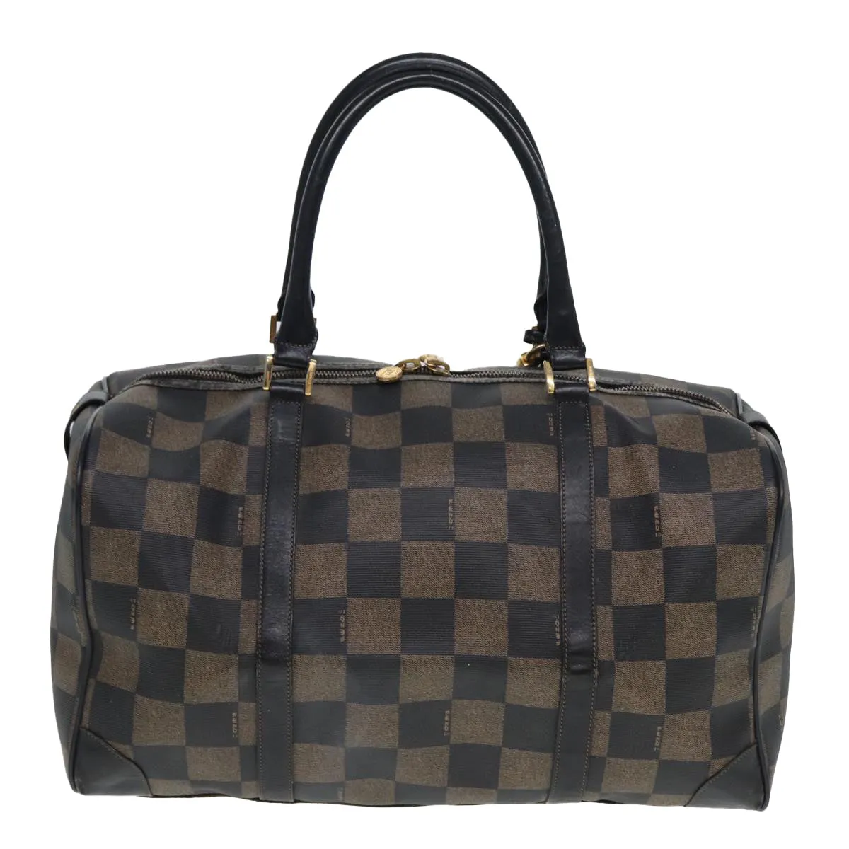 FENDI Pecan Canvas Boston Bag PVC Leather Brown Black 78537