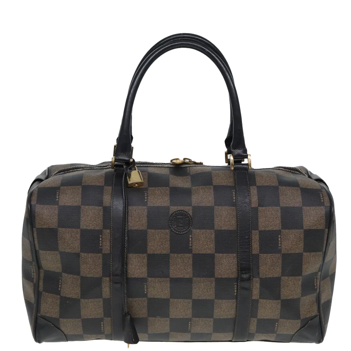 FENDI Pecan Canvas Boston Bag PVC Leather Brown Black 78537