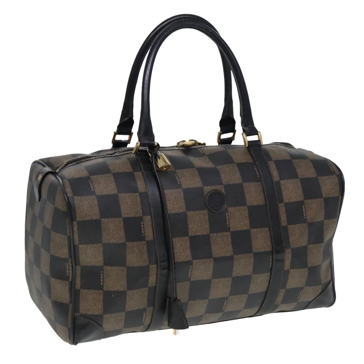FENDI Pecan Canvas Boston Bag PVC Leather Brown Black 78537