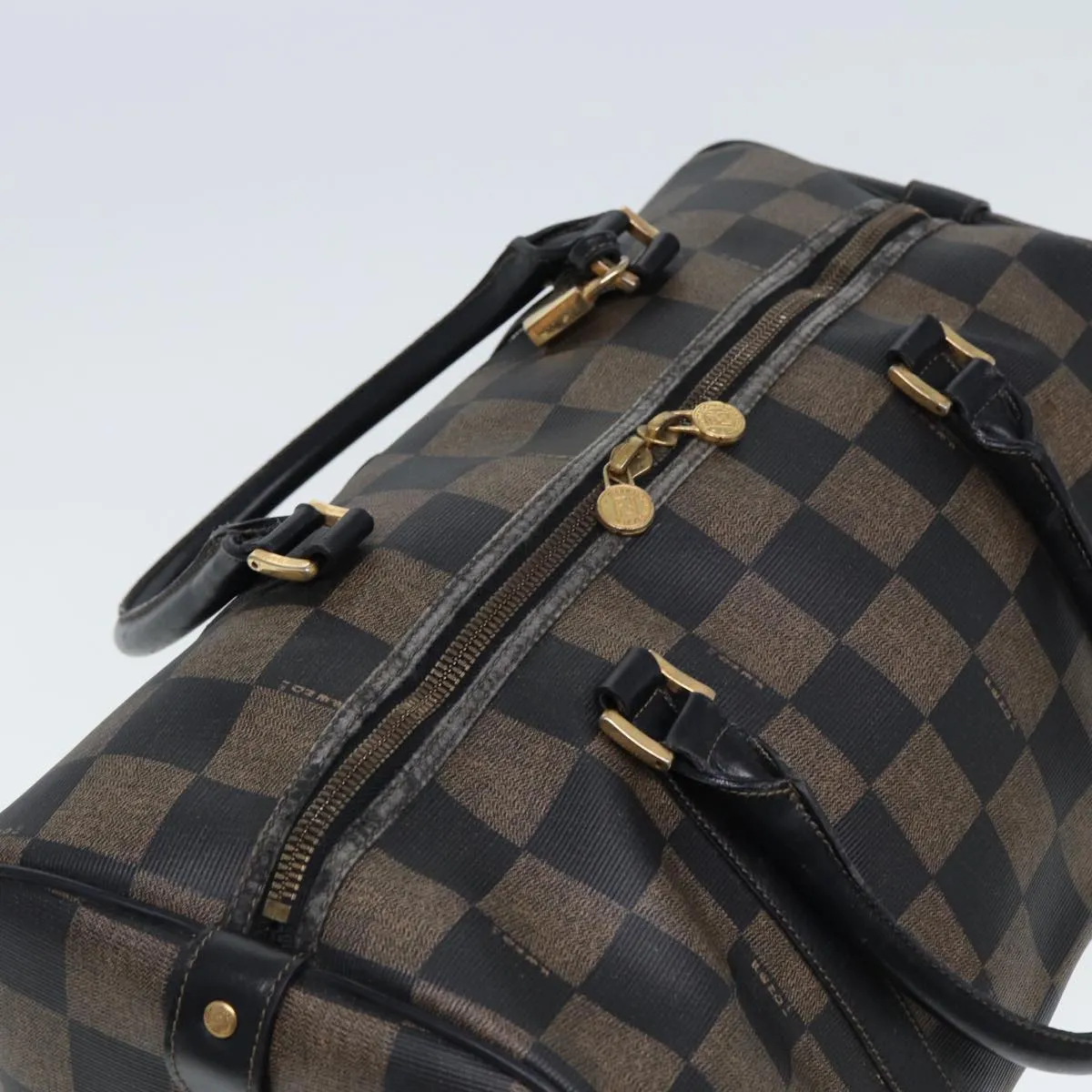 FENDI Pecan Canvas Boston Bag PVC Leather Brown Black 78537