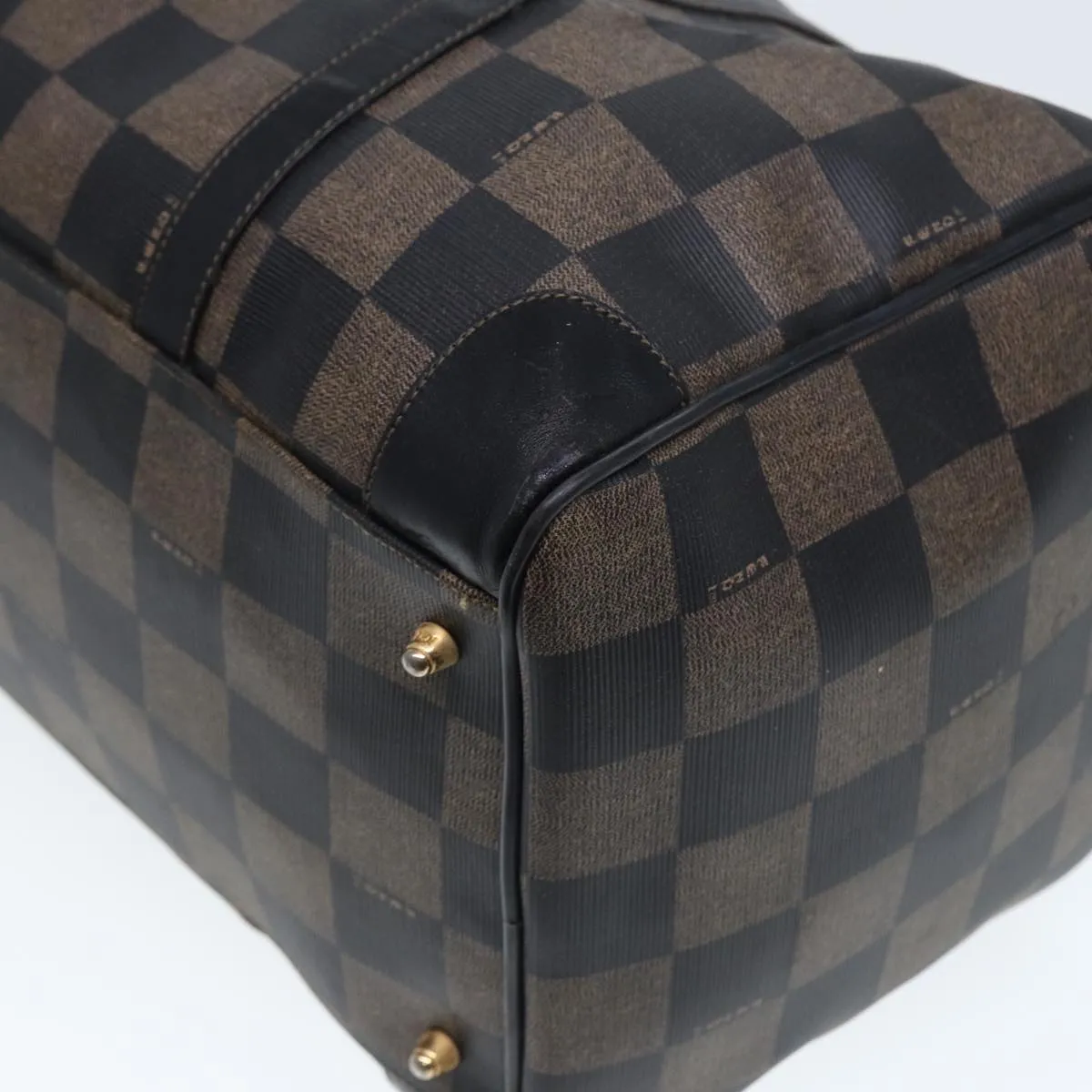 FENDI Pecan Canvas Boston Bag PVC Leather Brown Black 78537