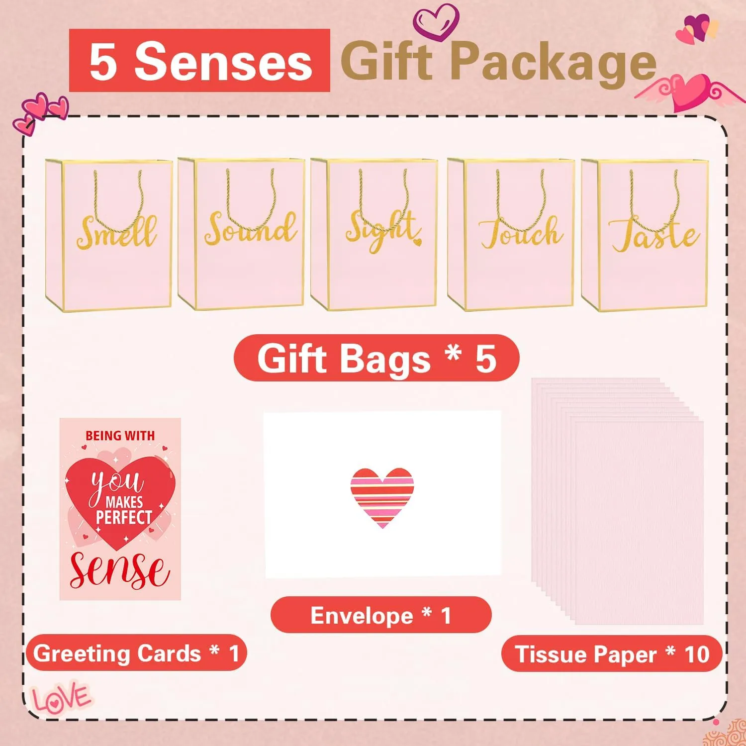 Five Senses Gift Bags for Him or Her - Sight Smell Touch Taste Sound Gift Bags with Tissue Paper, Greeting Card and Envelope (Pink, 11.4"*8.6"*4")