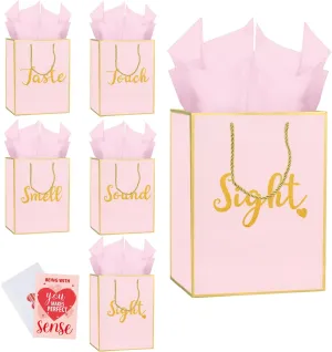 Five Senses Gift Bags for Him or Her - Sight Smell Touch Taste Sound Gift Bags with Tissue Paper, Greeting Card and Envelope (Pink, 11.4"*8.6"*4")