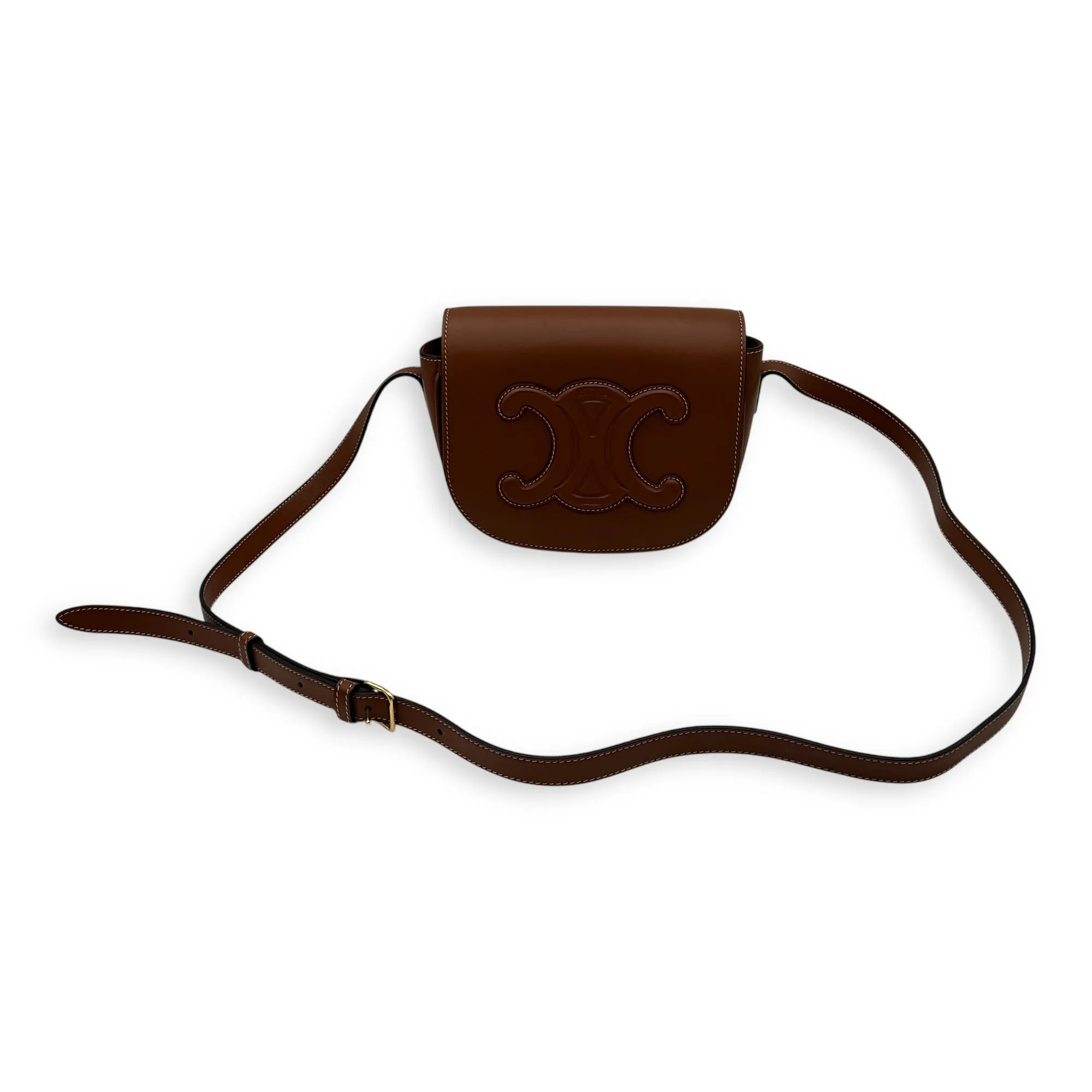 Folco Crossbody Bag Brown in Calfskin, Gold hardware