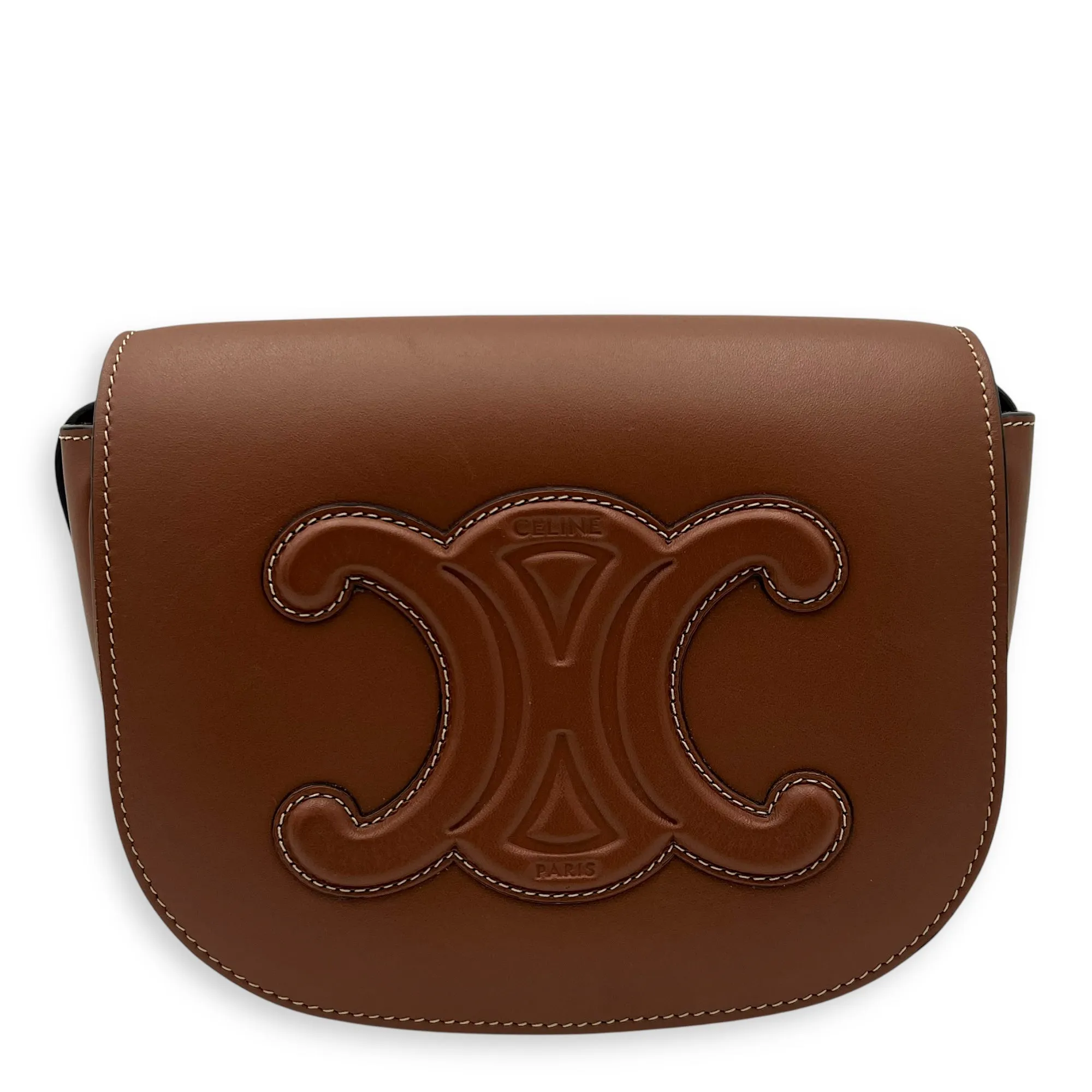 Folco Crossbody Bag Brown in Calfskin, Gold hardware