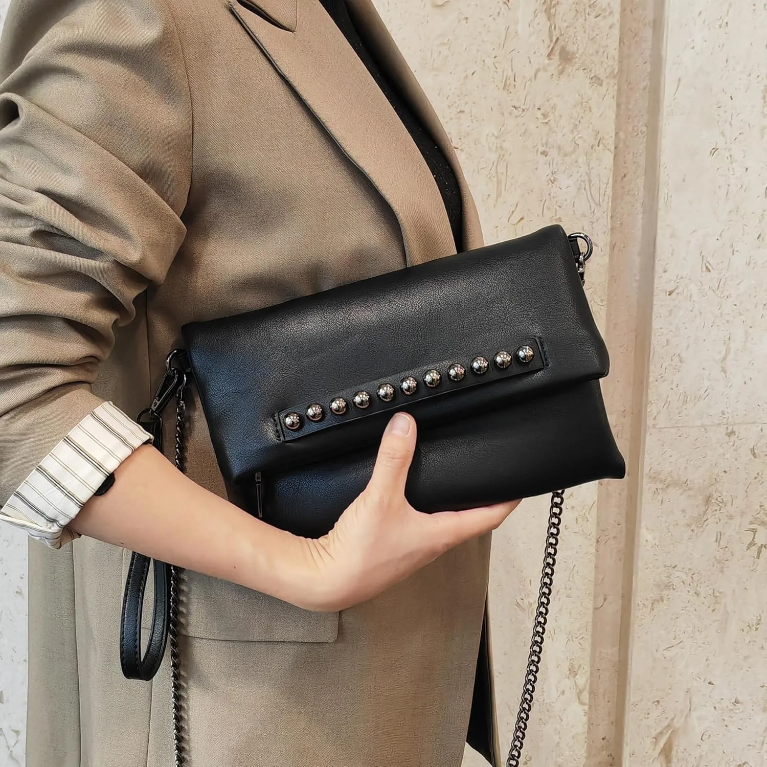 Fold-Over Women Clutch Purse Beaded PU Leather Chain Crossbody Bag Female Envelope Evening Bags (Black)
