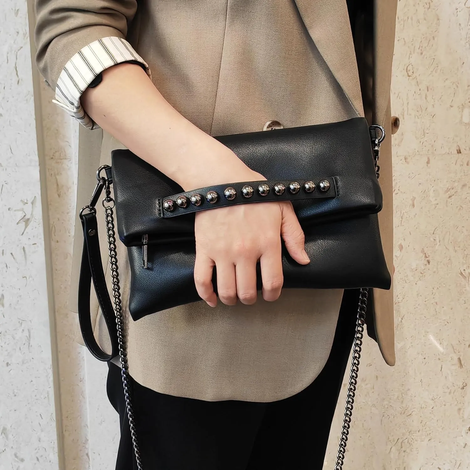 Fold-Over Women Clutch Purse Beaded PU Leather Chain Crossbody Bag Female Envelope Evening Bags (Black)