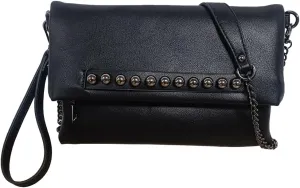 Fold-Over Women Clutch Purse Beaded PU Leather Chain Crossbody Bag Female Envelope Evening Bags (Black)
