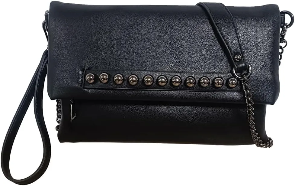 Fold-Over Women Clutch Purse Beaded PU Leather Chain Crossbody Bag Female Envelope Evening Bags (Black)